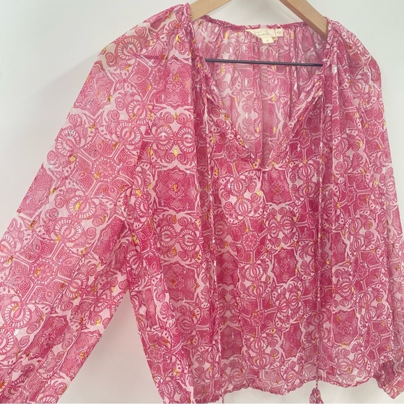 Anthropologie Let Me Be Pink Sheer Puff Sleeve Peasant Blouse Small - Picture 5 of 6